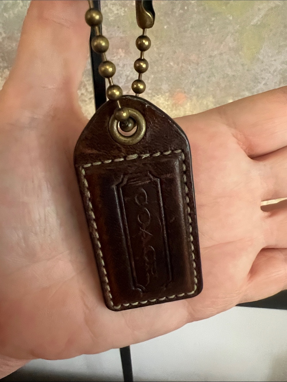 Coach Dark Brown Leather Hang Tag with Brass Ball Chain